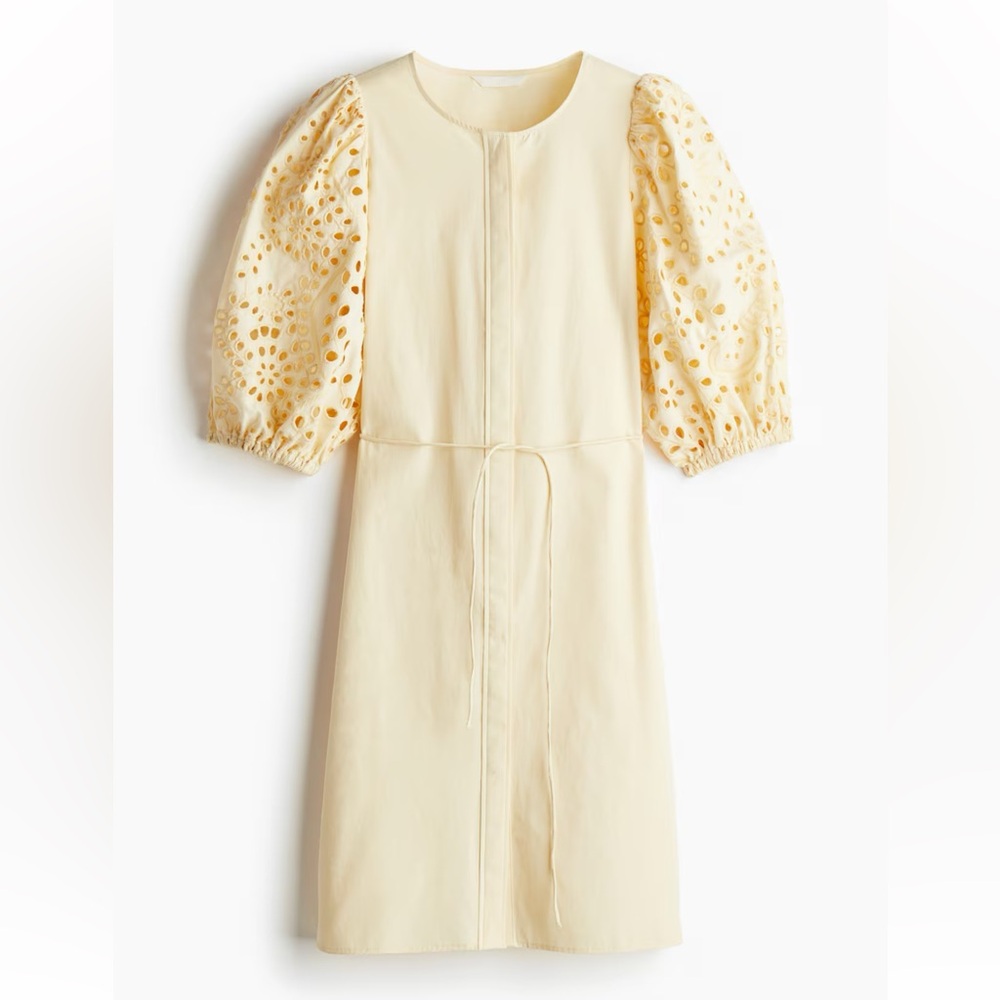 H&M NEW Summer Yellow Elegant Eyelet Dress Size L Embroidered Sleeves - Picture 7 of 9